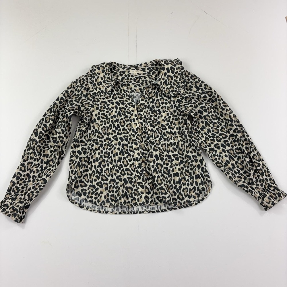 Pilcro Anthropologie Blouse Womens XS Beige Leopard Long Sleeve Ruffle Top